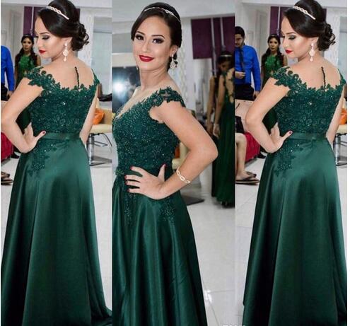 Stunning Emerald Green Mother Of The Bride Dresses Sheer Neck Beaded Lace Appliques Formal Groom Mother Wedding Guest Dress 2020 Prom Dress