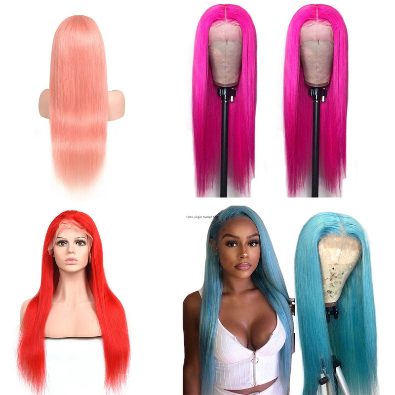 Malaysian Human Hair 13X4 Lace Front Wigs 12-28inch Straight Virgin Hair Wigs 13 By 4 Wig Grey Pink Blue Red Colorful Hair