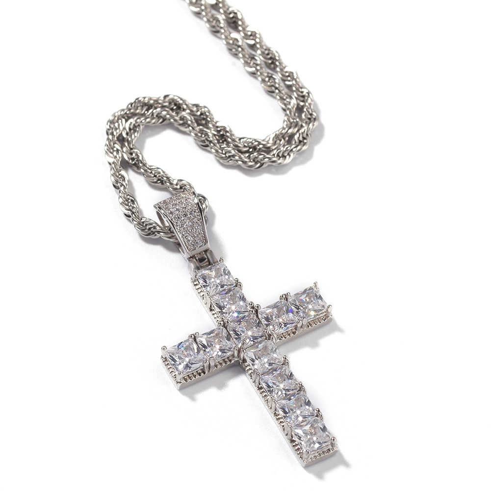 Bling Square Diamond Stone Cross Pendants White Gold Plated Necklace Men Women Lover Gift Religious Jewelry