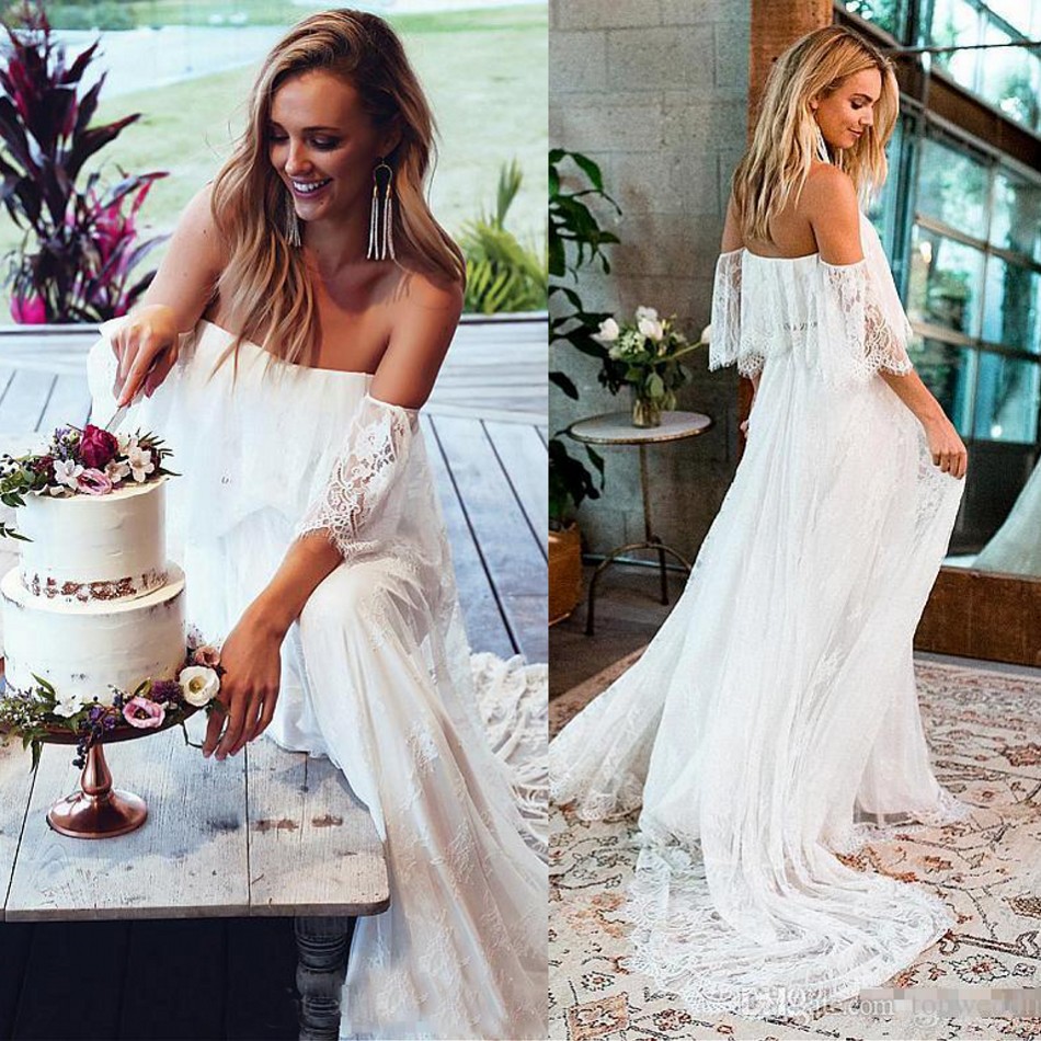 Elegant Beach Boho Wedding Dresses 2019 Bohemian Backless A-line Tulle Lace Applique Off the Shoulder Short Sleeves Bridal Gown Court Train, White
Elegant Beach Boho Wedding Dresses 2019 Bohemian Backless A-line Tulle Lace Applique Off the Shoulder Short Sleeves Bridal Gown Court Train, White