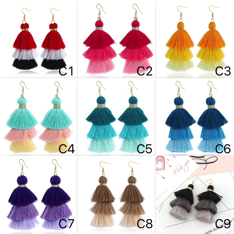 9 Colors Handmade Long Tassels Earring Dangle & Chandelier Three Layers Color Match Fringe Ear Drop Bohemia Style Stud Jewelry Women Wholesale