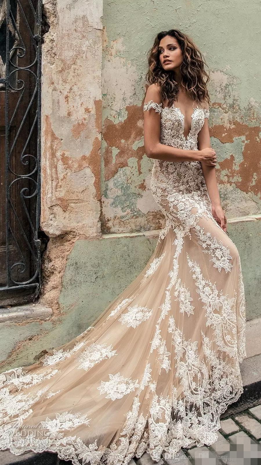 Dresses Champagne Mermaid Plunging V Neck Capped Sleeves Lace Applique Sweep Train Wedding Gown 2020 Custom Made Vestido De Novia estido