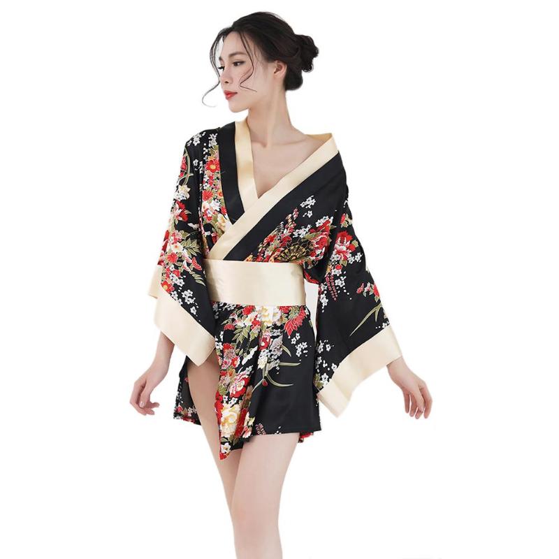 Traditional Women Japanese Kimono Sleepwear Sexy Deep V-neck Kimono Satin Floral Printed Nightwear Short Bath Robe