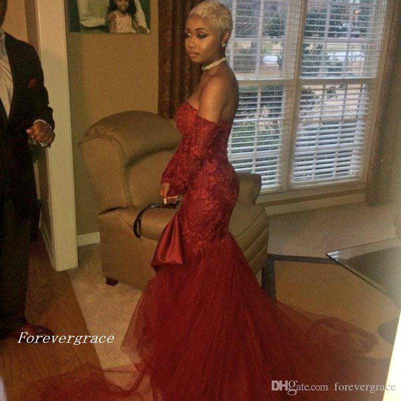 2019 Black Girl Off-Shoulder Long Sleeve Prom Dress New Arrival Mermaid Burgundy Appliques Lace Backless Party Gown Custom Make Plus Size