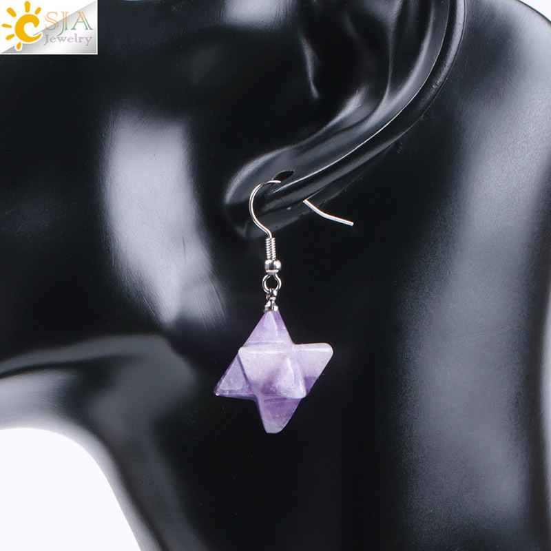 Bohemian Natural Gem Stone Merkabah Star Drop Earrings for Girl Opal Pink Crystal Lazuli Polyhedral Reiki Eardrop