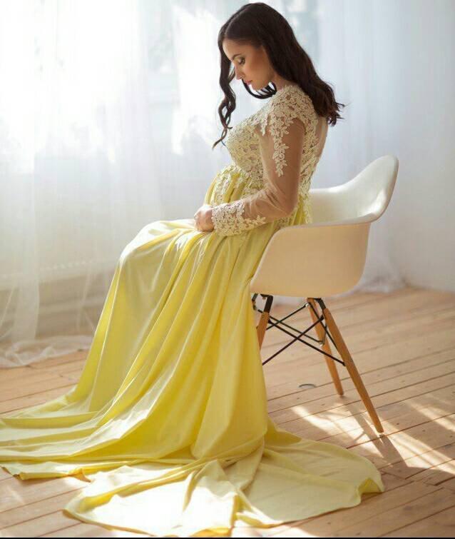Baby Shower Pregnant Maternity Evening Long Sleeve Lace Chiffon Empire Waist Formal Ocn Party Dress Custom Size B22 0510