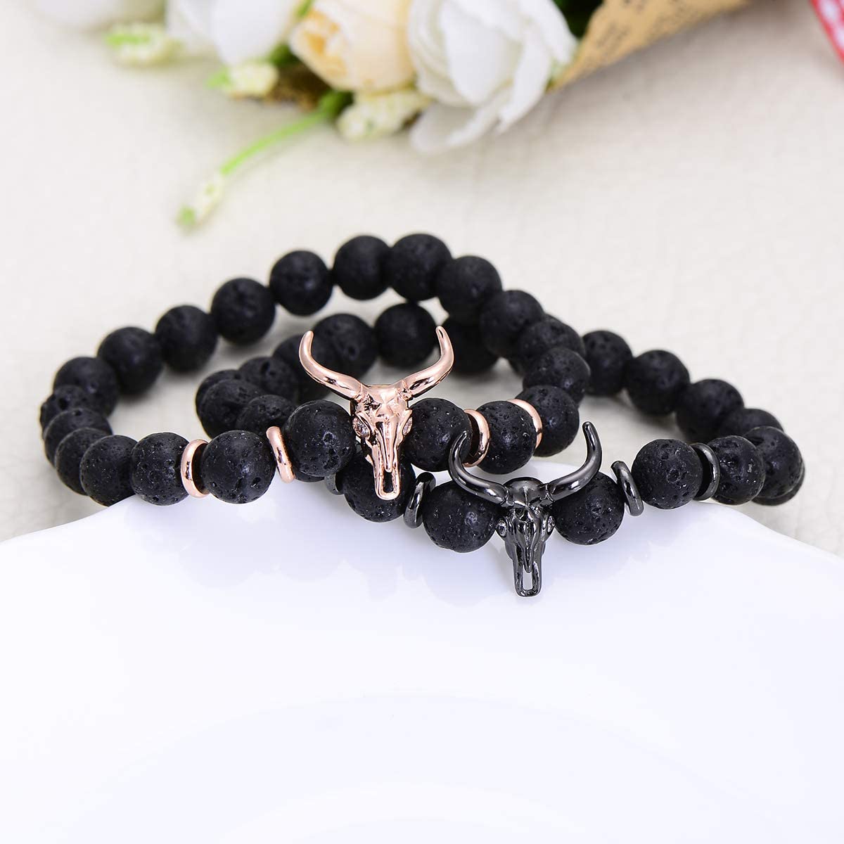 Women Jewelry Bracelet Strands Punk CZ Bull Head Skull Men Fashion 8mm Lava Stone Beads Charm Bracelets Bangles Macrame Gift