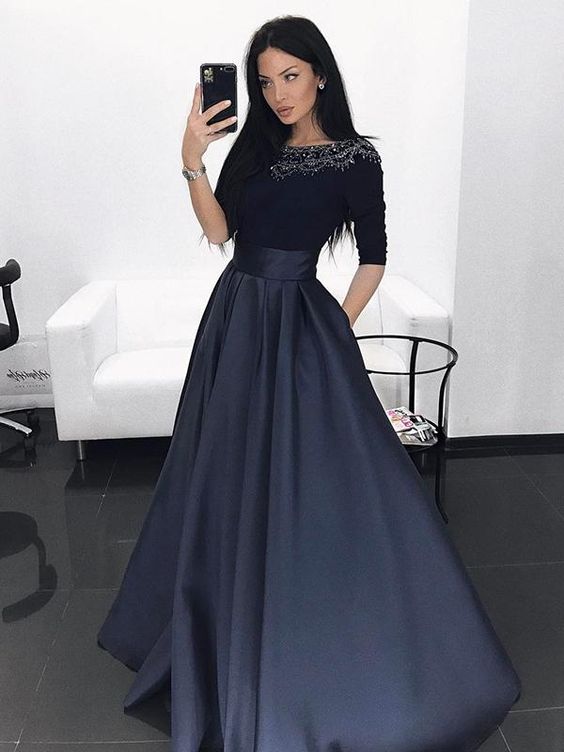 Navy Blue Luxury Prom Formal Dresses with Half Sleeve 2019 Beaded Crystal Neck Puffy Skirt Runway Arabic Occasion Evening Wear Gowns
