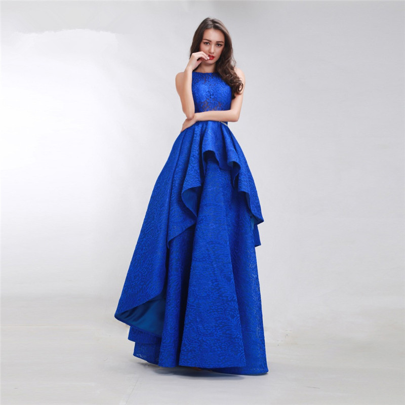 Elegant Royal Blue Lace A Line Prom Dresses Custom Tiered Evening Floor Length Hollow Back Party Gowns Robe De Mariée