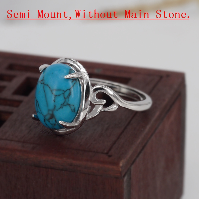 925 Sterling Silver Women Engagement Wedding Ring 9x12mm Oval Cabochon Semi Mount Ring fit Amber Turquoise Agate Garnet Setting