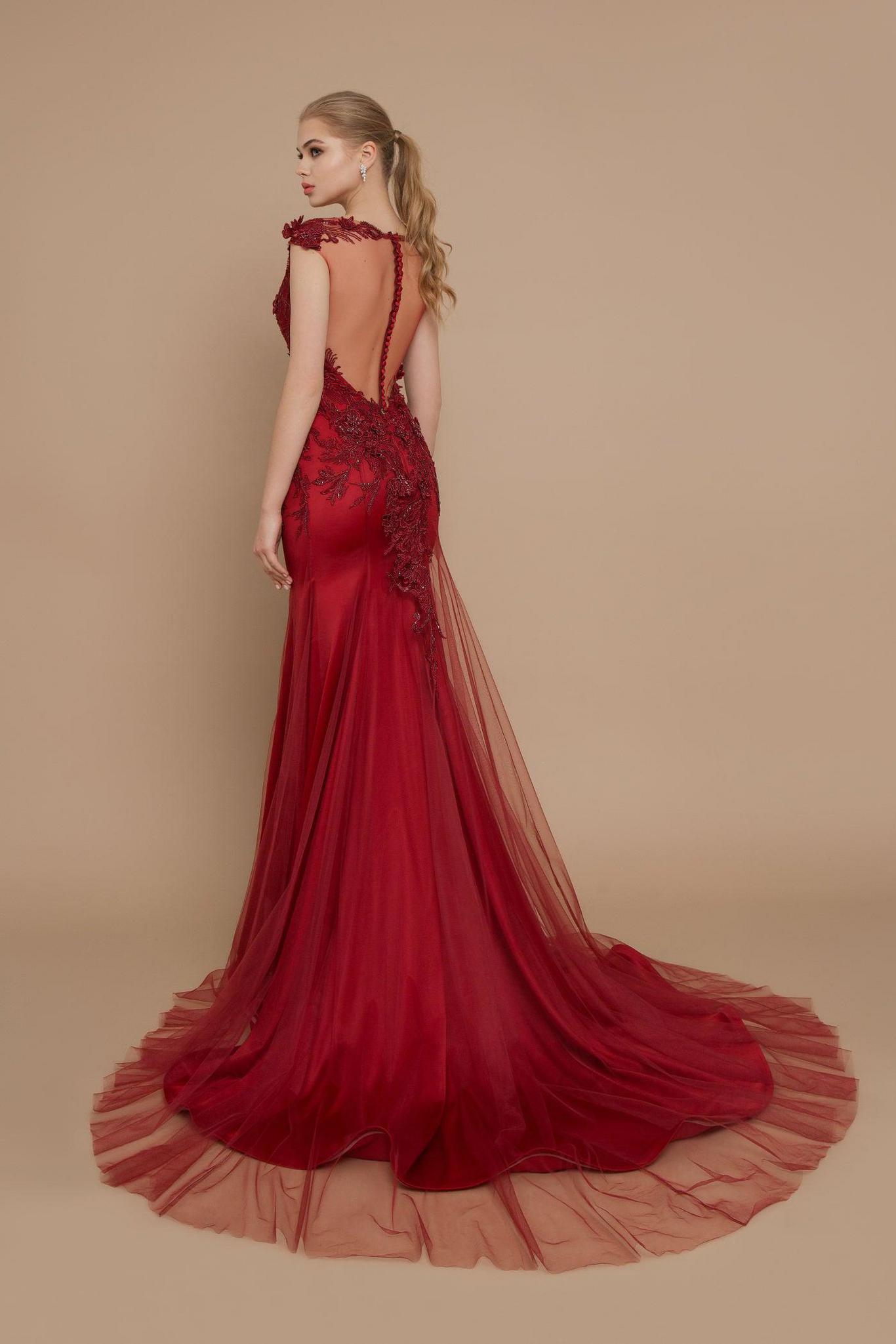 Riccasposa Red Evening Dresses Sheer Jewel Neck Sleeveless Lace Appliques Prom Gowns Sweep Train Mermaid Formal Party Gowns