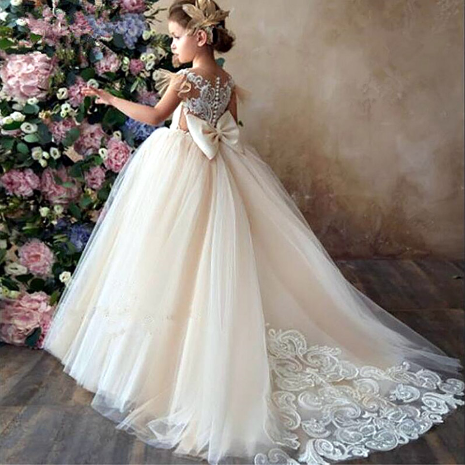 Flower Girl Dresses Champagne Puffy Wedding party Dress Girl First Communion Eucharist Attended Princess Lace Evening Dress