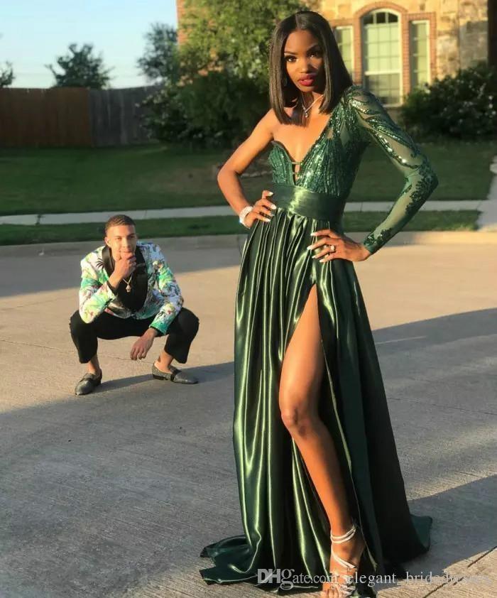 Dark Green Sexy Prom Dresses 2019 High Side Split One Shoulder A Line Formal Dress Party Wear Sweep Train Plus Size Evening Gowns