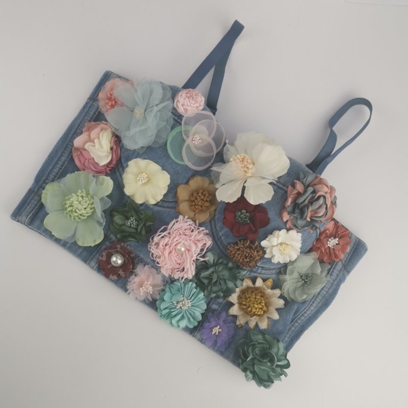 Women Blue Denim Multicolor Floral Embroidery Bralette with Colorful Three-Dimensional Cups and Flowers Appliques Fashion Crop Top Tube Top