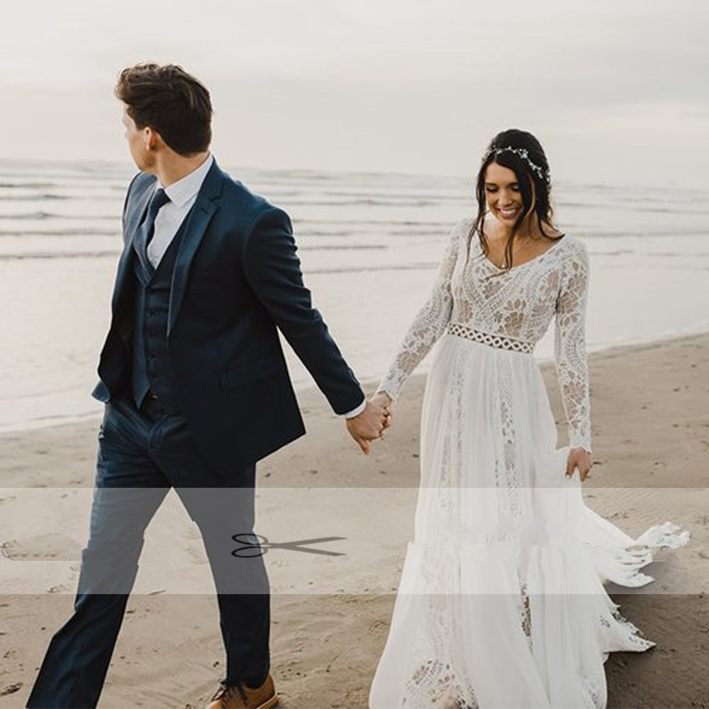 Vintage Crochet Lace Beach Wedding Dresses 2020 Long Sleeve V-neck Plus Size Chiffon Summer Bohemian Country Bride Wedding Gown