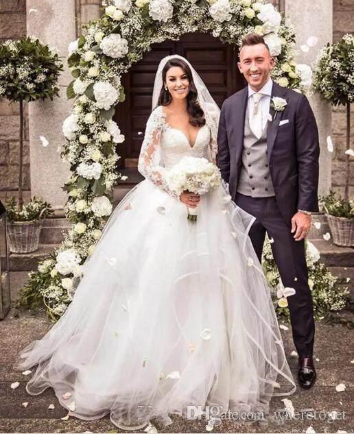 long sleeve new wedding dresses lace appliqued v neck bridal gowns sweep train a line vestidos de novia