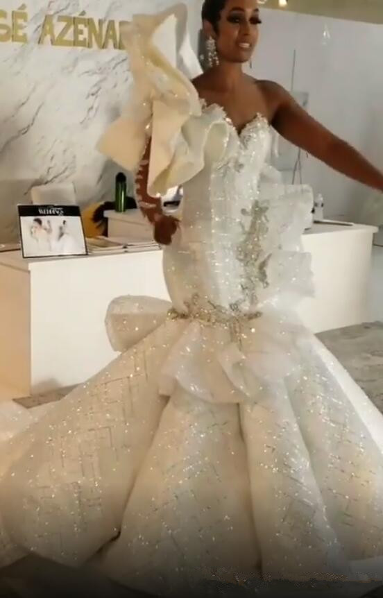 Lace Stylish Sparkly Beaded Crystals Mermaid Bridal Dresses One Shoulder Sexy Wedding Gowns Vestido De Novia