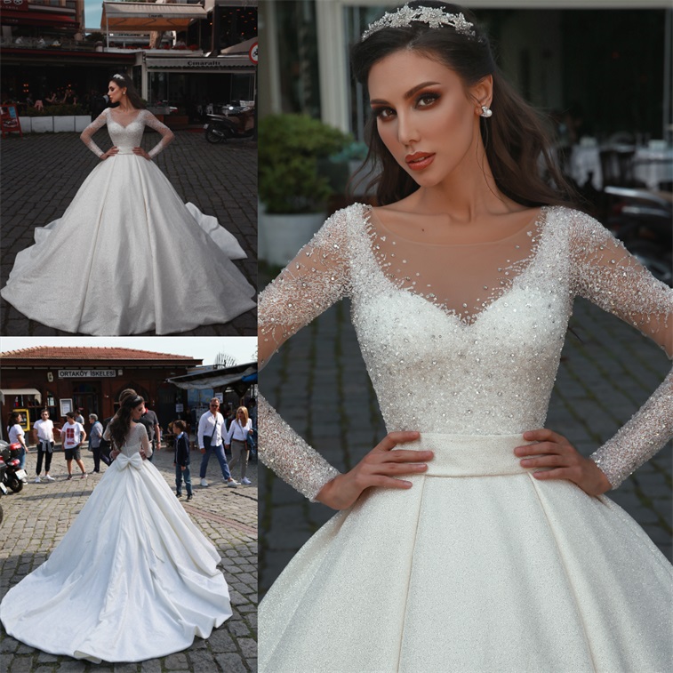 Arabic Dresses A e Jewel Neck Beaded Sequined Modest Wedding Dress Custom Made Sweep Train Long Sleeve Vestidos De Novia
