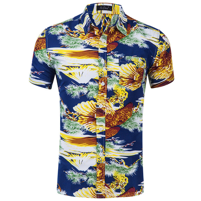 Mens Casual Flamingos Hawaiian Shirt Summer Brand Floral Print Short Sleeve Button Down Slim Mens Dress Shirts Plus Size
