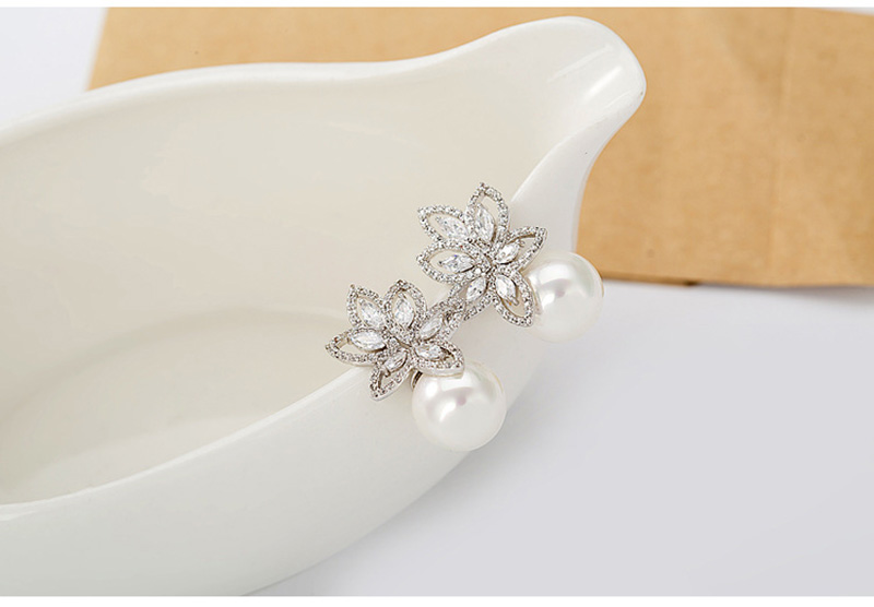 Pearl Flower Drop Earrings Bling White Zircon Fine Jewelry Wedding Dangle Earrings for Women Girl Gift