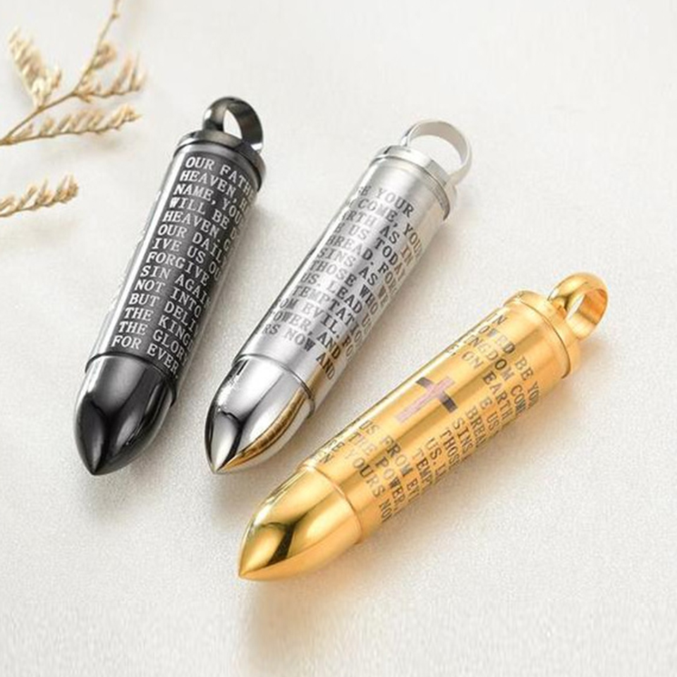 New 3 Colors Mens Titanium Stainless Steel Cross Prayer Scripture Bullet Pendant Necklace Openable Personalized for Men Jewelry Wholesale