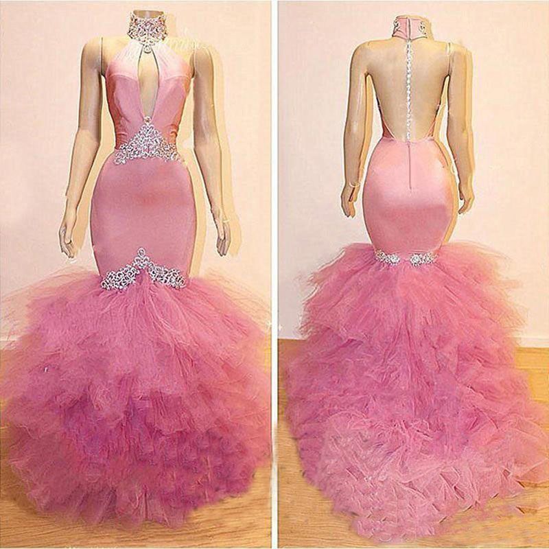 Sexy Pink Mermaid Prom Dresses 2K19 High Neck Lace Appliques Ruched Tulle Evening Dress Sheer Back Sleeveless Cocktail Party Dress