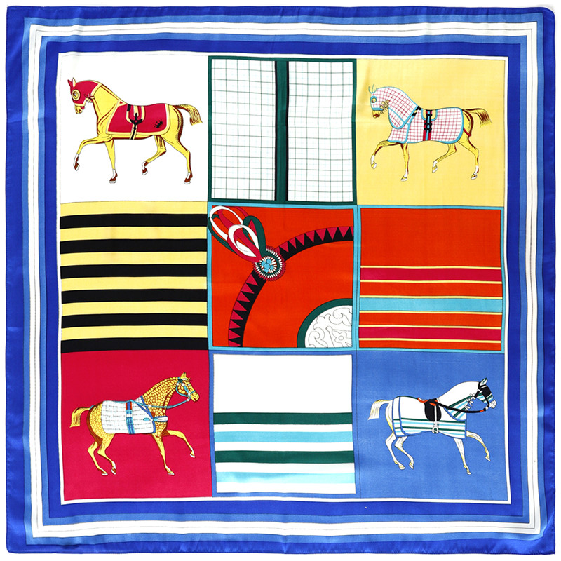 Square Scarves Spain Echarpes Foulards Femme Silk Scarf Women Horse Plaid Print Manual Hand Wrap Bandana Small Hijab 90