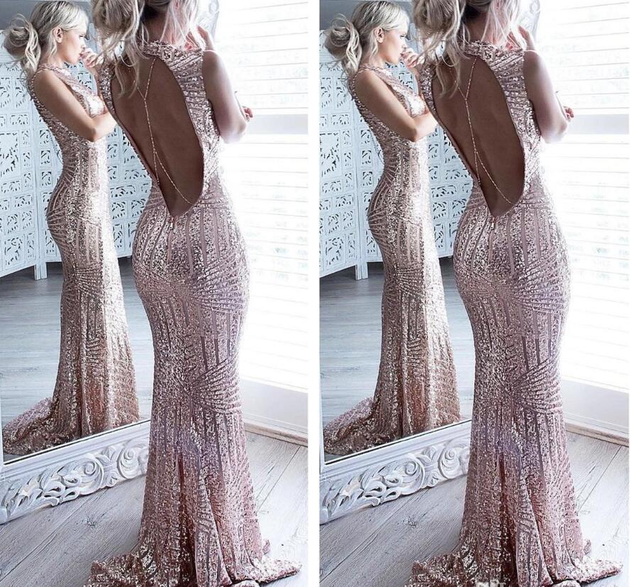 2019 New Sexy Rose Gold Backless Mermaid Sequined Long Prom Dresses High Neck Full Length Elegant Vintage Long Formal Party Evening Gowns