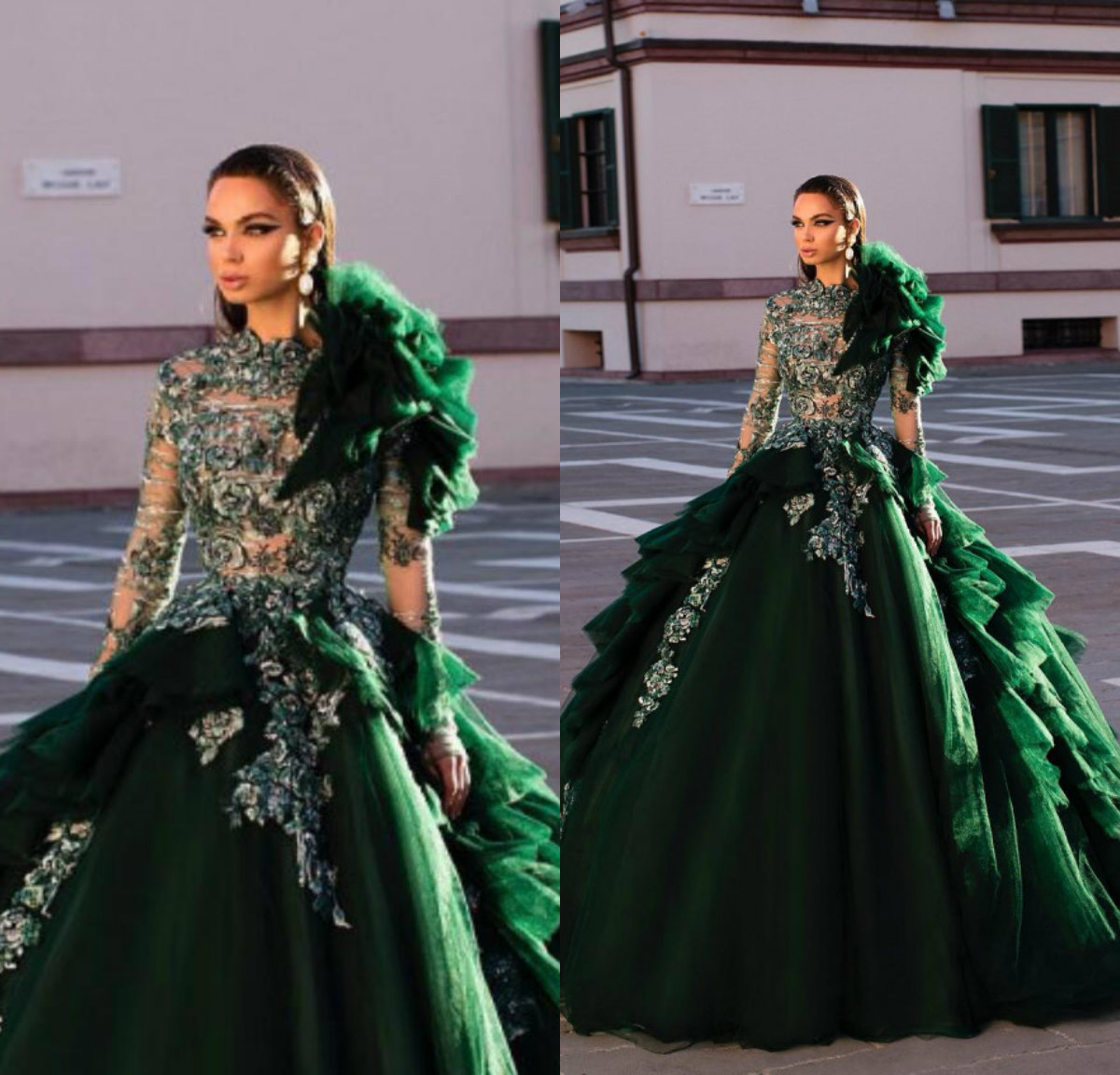 Arabic Dubai Dark Green Prom Dresses High Neck Lace 3D Floral Appliques Long Sleeve Evening Dress A Line Floor Length Robes De Soirée