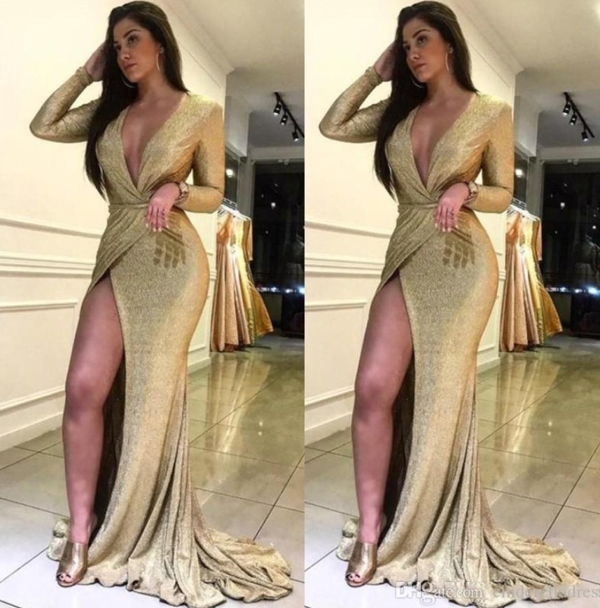 Sexy Gold Sequin Long Sleeve Prom Formal Evening Dresses 2020 Deep V neck Slit Sparky Sexy Floor Length Special Occasion Gowns, Brown
Sexy Gold Sequin Long Sleeve Prom Formal Evening Dresses 2020 Deep V neck Slit Sparky Sexy Floor Length Special Occasion Gowns, Brown