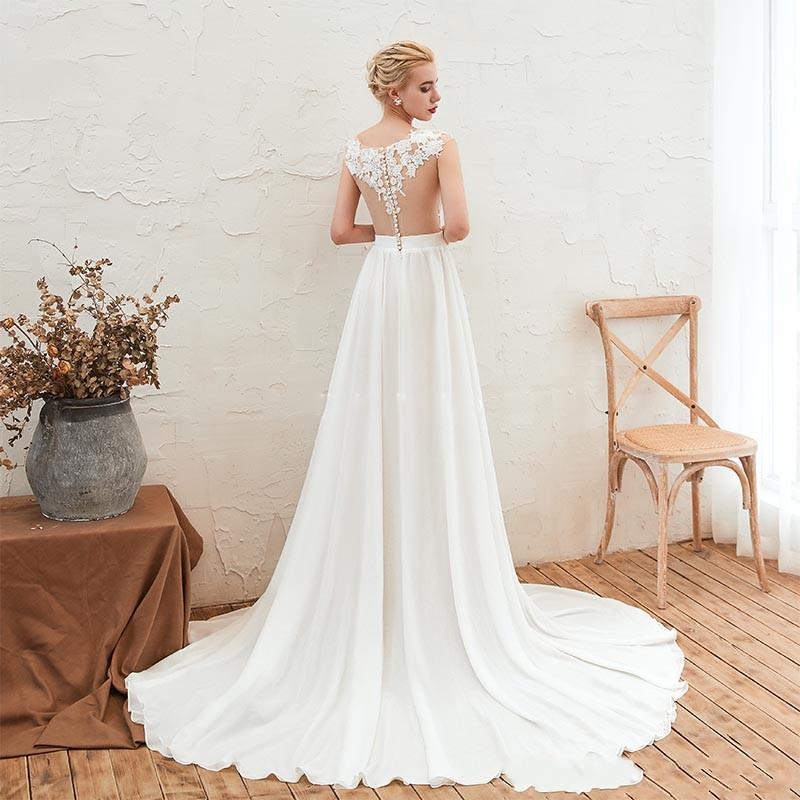 Modest Lace Chiffon Wedding Dresses 2020 With High Split Sleeveless Appliques Buttons Back Illusion Country Bridal Gowns vestidos de noiva