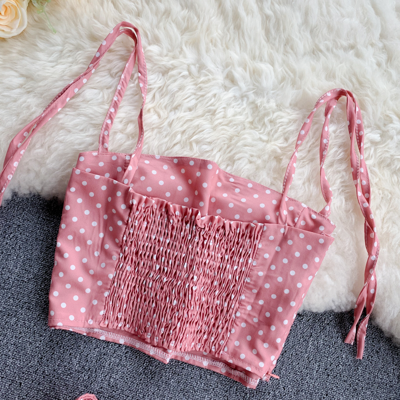 New Women Beach 2 Piece Sets Summer Spaghetti Strap Ctop Tops Slim Skirt Dot Printed Suits Woman Sweatsuit Pink Outfit Clothes