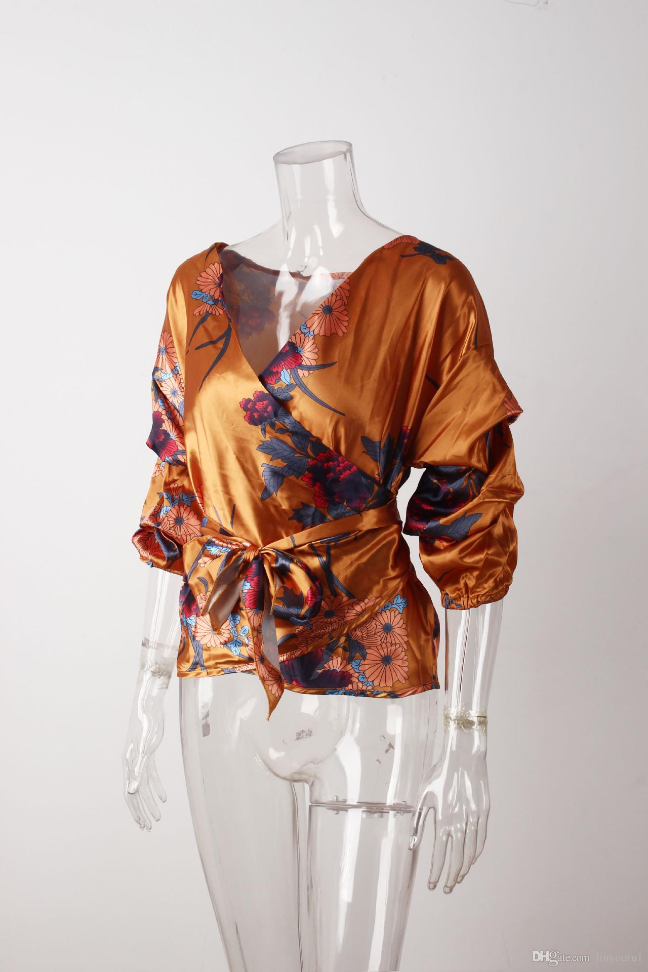 hot sale Women Blouse Sexy V Neck Floral Print Large Size Casual Belted Tunic Shirt Top Female women clothes