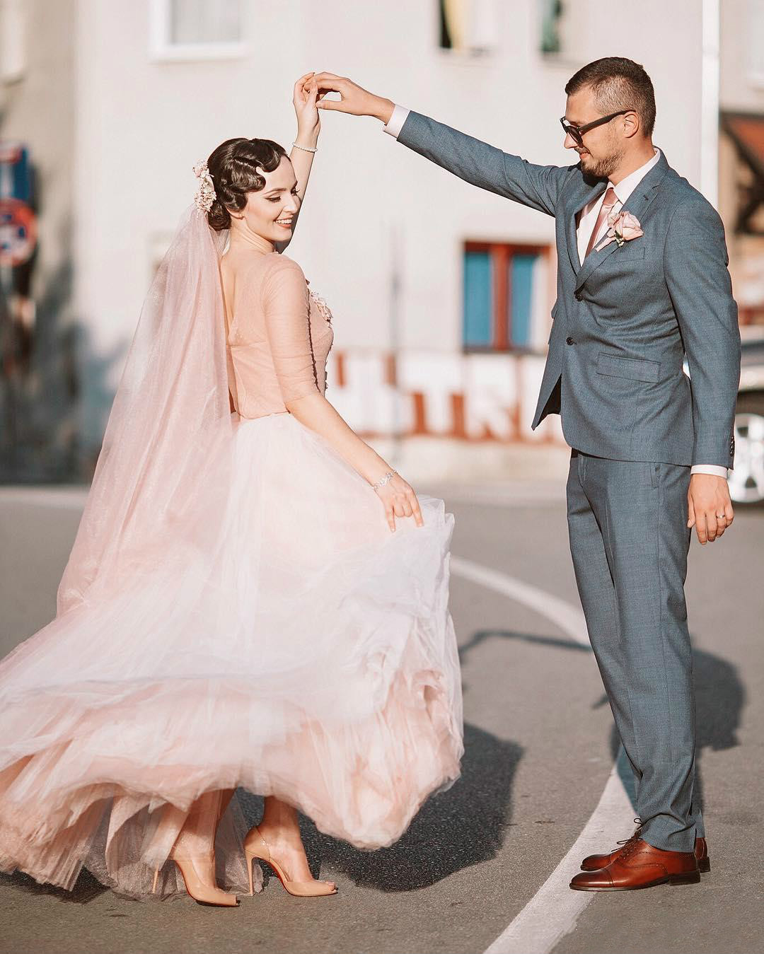 Blush Pink Gothic Wedding Dress With Overskirt Detachable Train Long Sleeve Tea Length Elegant 2020 Floral Short Wedding Dress Bridal Gowns