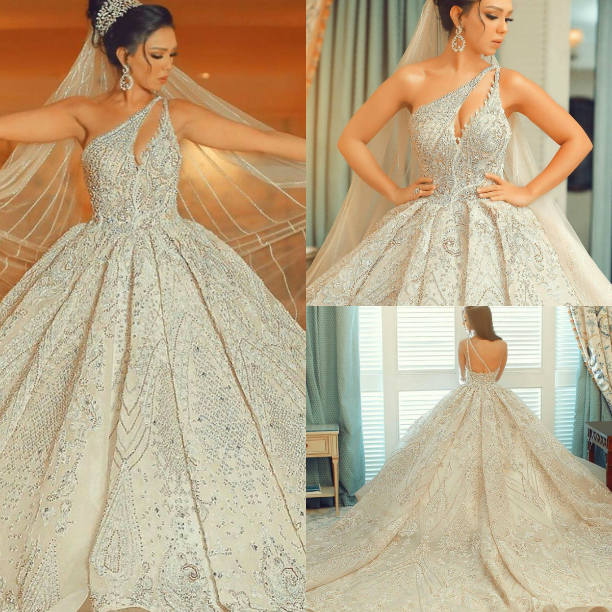 2020 Arabic Luxury Wedding Dresses Lace Beads Crystal One Shoulder Sweep Train Country Wedding Dress A Line Custom Made Vestidos De Novia