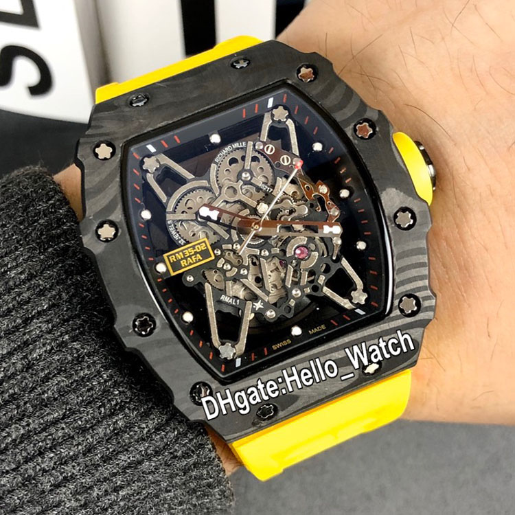 New RM35-02 Rafael Nadal NTPT All Carbon Fiber Case Skeleton Dial Miyota Automatic Mens Watch RM035-02 Yellow Rubber Watches Hello_Watch, Extra strap
New RM35-02 Rafael Nadal NTPT All Carbon Fiber Case Skeleton Dial Miyota Automatic Mens Watch RM035-02 Yellow Rubber Watches Hello_Watch, Extra strap