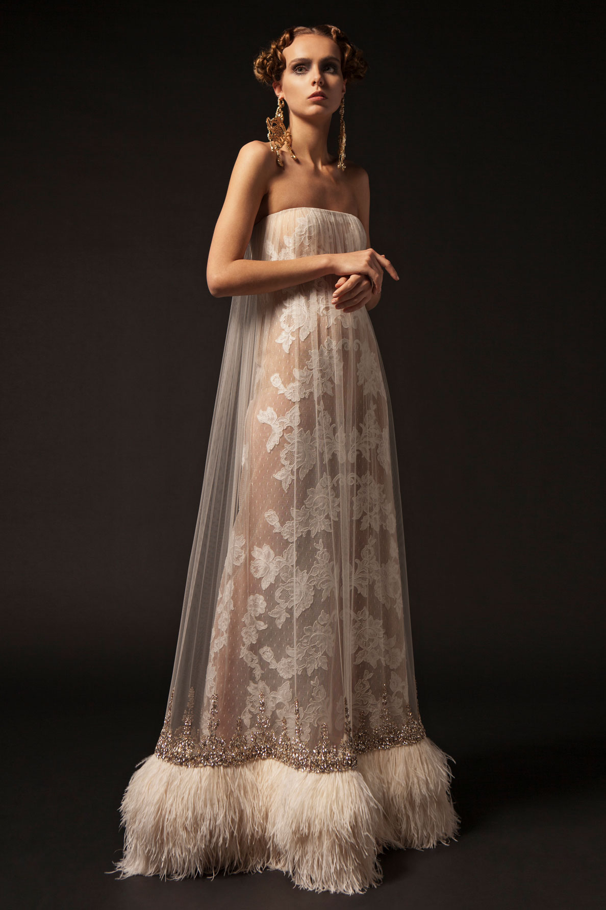 Krikor Jabotian 2019 Feather Prom Dresses Strapless Lace Applique A Line Beaded Formal Party Dress Vintage Backless Pageant Evening Gowns