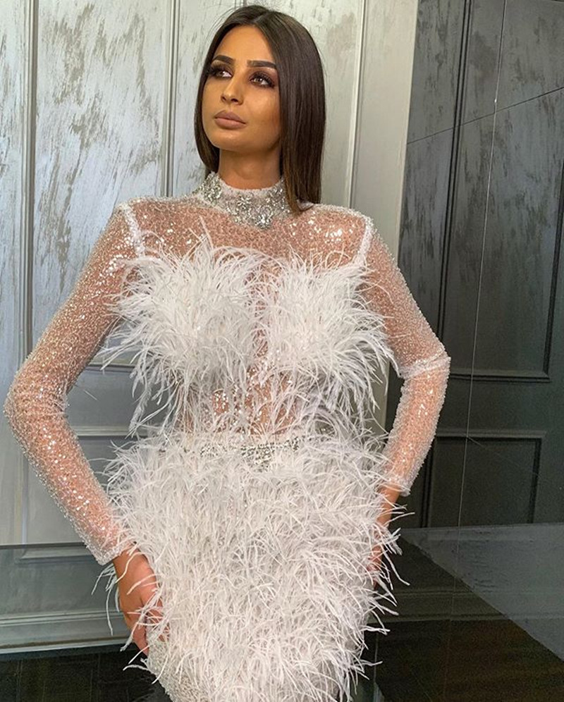 Kaltrina Prom Vlora Dresses High Collar Lace Beads Feather Mermaid Evening Gowns Hollow Back Or Length Special Ocn Dress 6660306