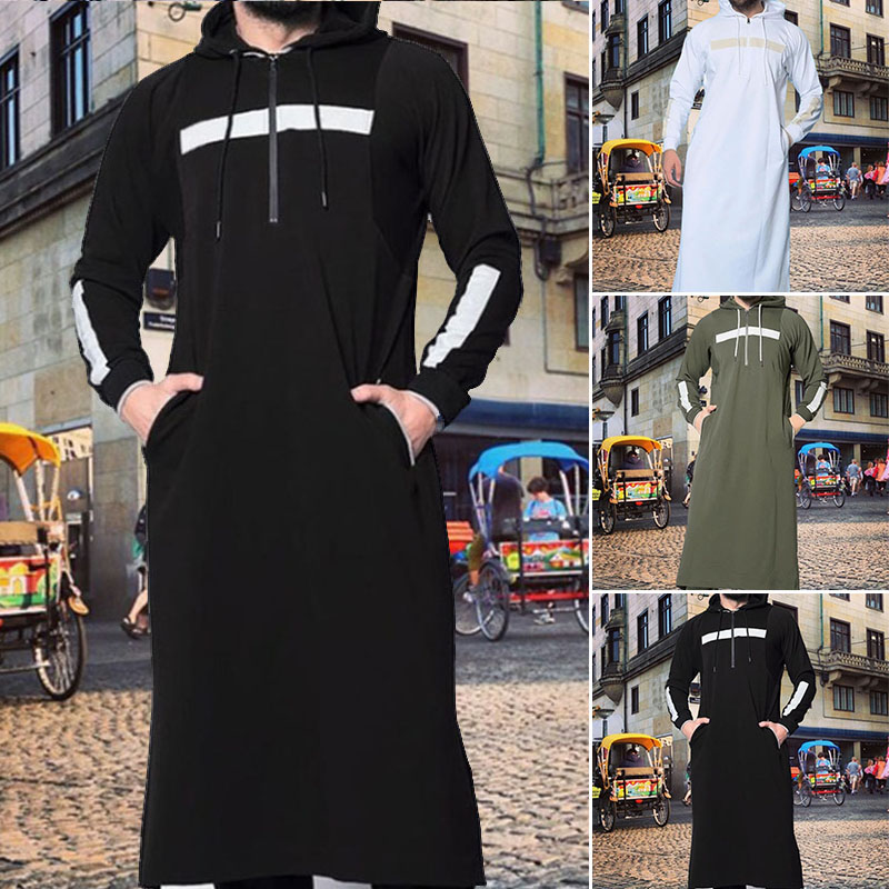 2020 New Men Gown Muslim Arabian Robe Solid Color Full Length Sweatshirt Long-sleeved Hooded Islamic Male Casual Clothing
