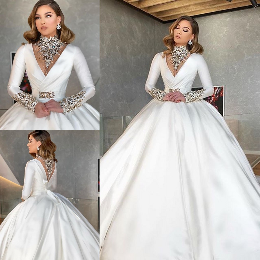 Arabic High Neck Wedding Dresses Crystal Beaded Long Sleeve A Line Country Wedding Dress Custom Made Satin Robes De Mariée