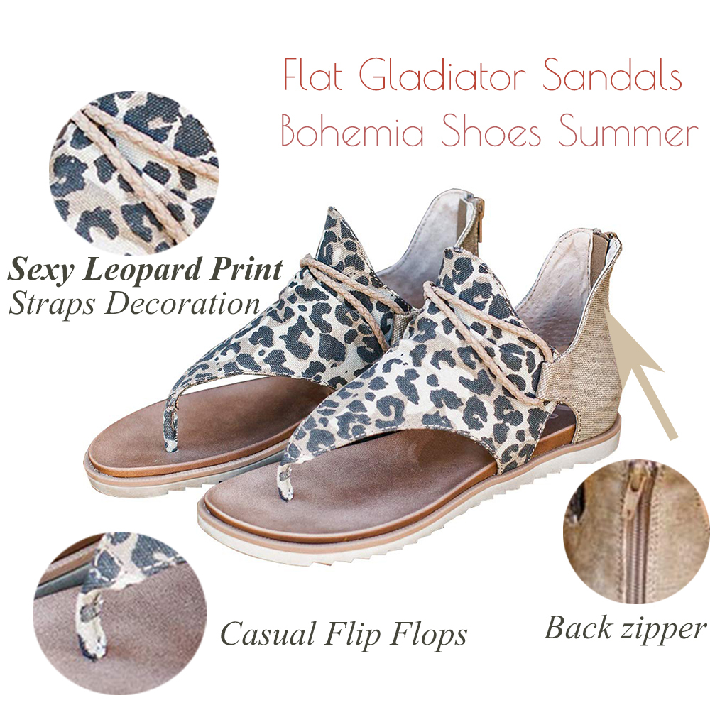 Summer Women Flats Sandals Fashion Strap Leopard PU Leather Bohemia Shoes Casual Open Toe Roman Gladiator Flip Flops Sandals MX200407