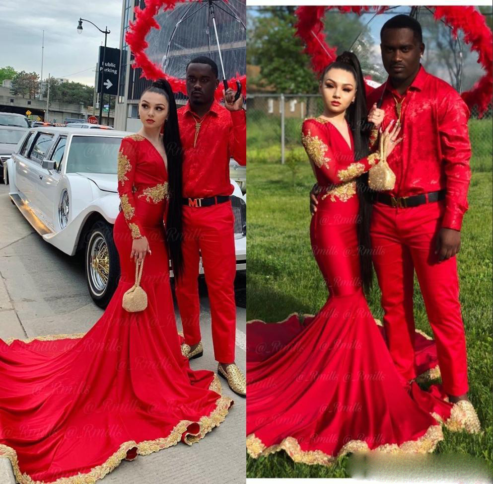 Red Gold Applique Mermaid Prom Dresses V Neck Elegant Evening Party Gowns Long Sleeve Special Occasion Dress Robe de soiree