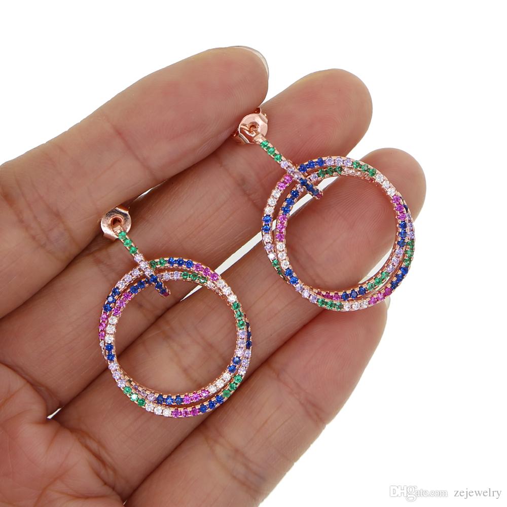 2019 Rose Gold color double round circle mix colorful CZ women classic jewelry top quality latest new design necklace earring setSuit