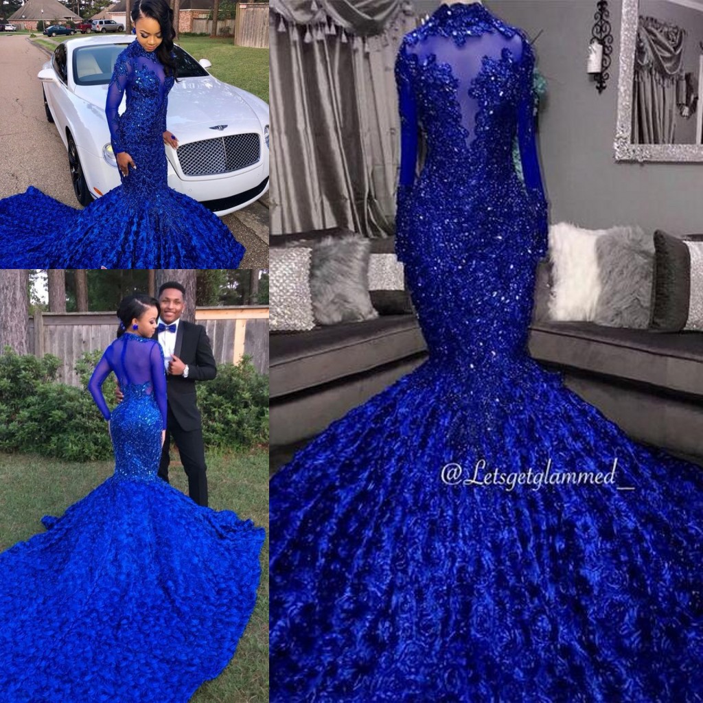 Royal Blue Cathedral 3D Floral Train Prom Dresses High Neck Real Image Sparkly Lace Beaded Long Sleeve African Black Girl Evening Gown