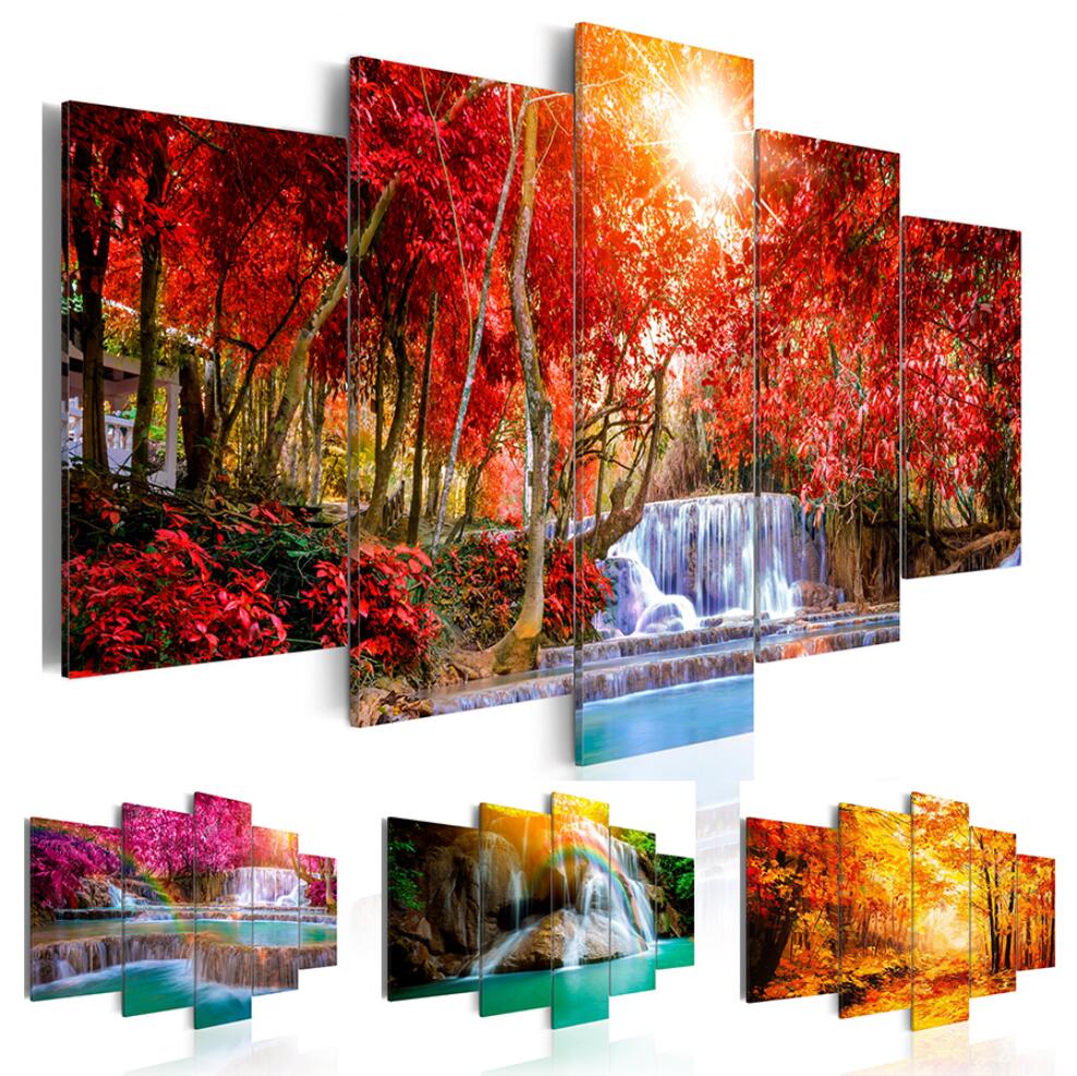 5 Panel Sets Beautiful Waterfall Landscape Painting Flowers Modern Pictures on Canvas Modern Living Room Office Decoration,Choose Color And