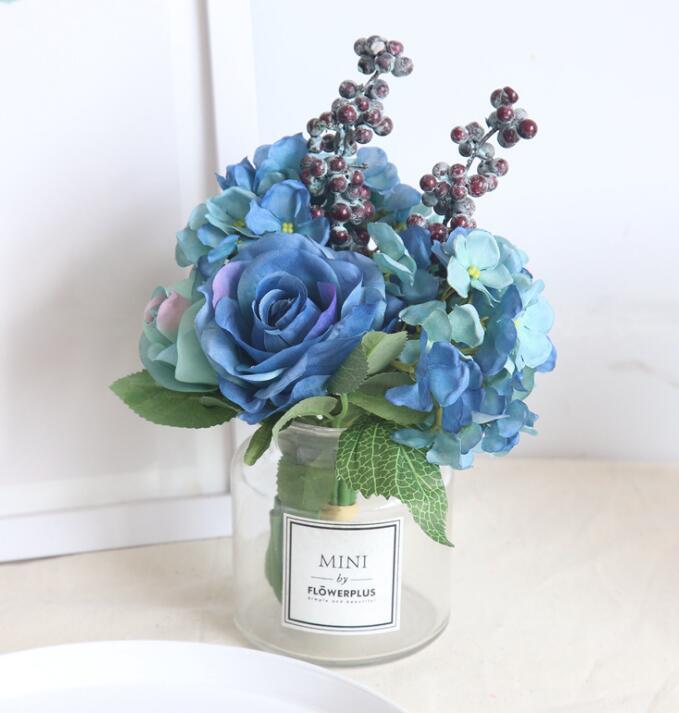Blue artificial rose bouquet wedding creative decorations diameter about 21cm include rose, hydrangea and berries free shipping WT037