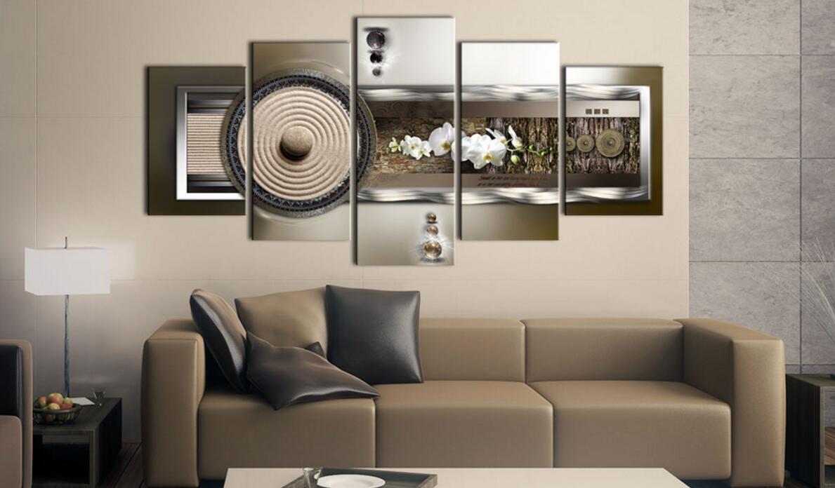 Fashion Wall Art Canvas Painting 5 Pieces Brown Abstract Wave Zen Orchid Flower Modern Home Decoration,Choose Color And Size No Frame