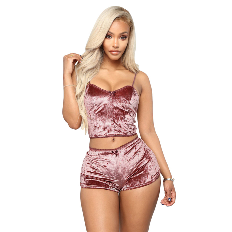 Adogirl Women Velvet Tracksuit Sexy V Neck Spaghetti Straps Crop Top + Shorts Fashion Night Club Suits Two Piece Set Outfits C19041601
