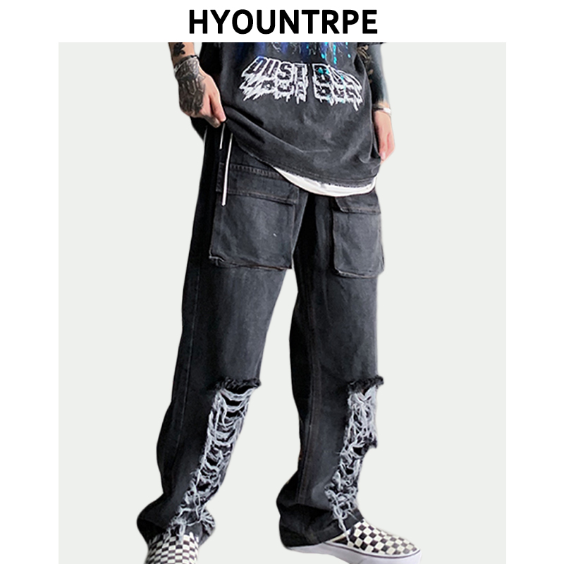 Bottom Ripped Holes Destroyed Straight Denim Jeans with Pockets Mens Drawstring Pant Hip Hop Streetwear Loose Joggers Men Jeans, Black
Bottom Ripped Holes Destroyed Straight Denim Jeans with Pockets Mens Drawstring Pant Hip Hop Streetwear Loose Joggers Men Jeans, Black