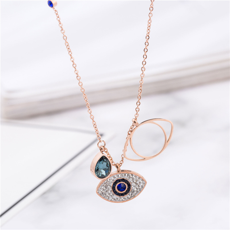 Blue Evil Eye Pendant Necklaces Iced Out Rose Gold Turkey Women Titaniun Steel Jewelry Girls Fashion Rhinestone Link Chain Choker Necklace